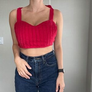 Shore brand Tie Shoulder Pleated Crop Top in Red Hot